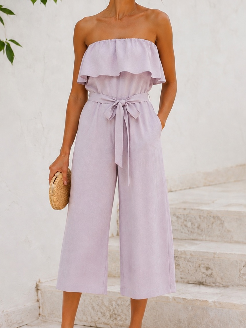 Aritzia Babaton Strapless Flutter Cropped Wide-Leg Jumpsuit Lilac Gray Size 0/XS